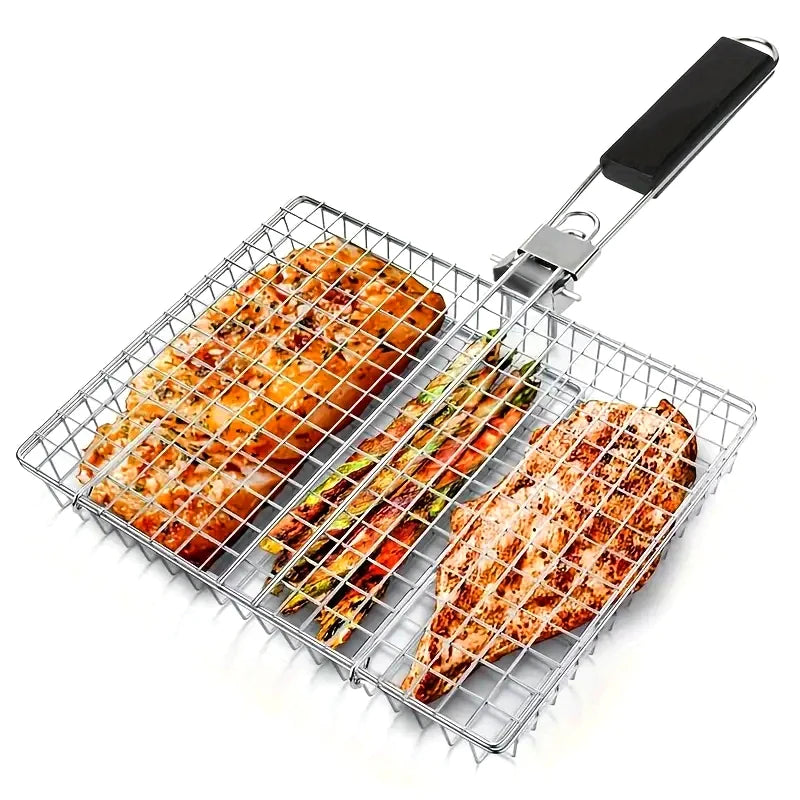 1pc BBQ Fish Grill Basket for Outdoor Grill, Stainless Steel Vegetable Grilling Basket with Detachable and Foldable Handle