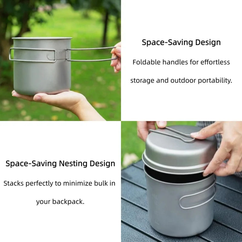 Titanium Camping Cookware Set with Folding Handles, Lightweight Portable Pot and Pan Set for Outdoor Hiking Backpacking Picnic