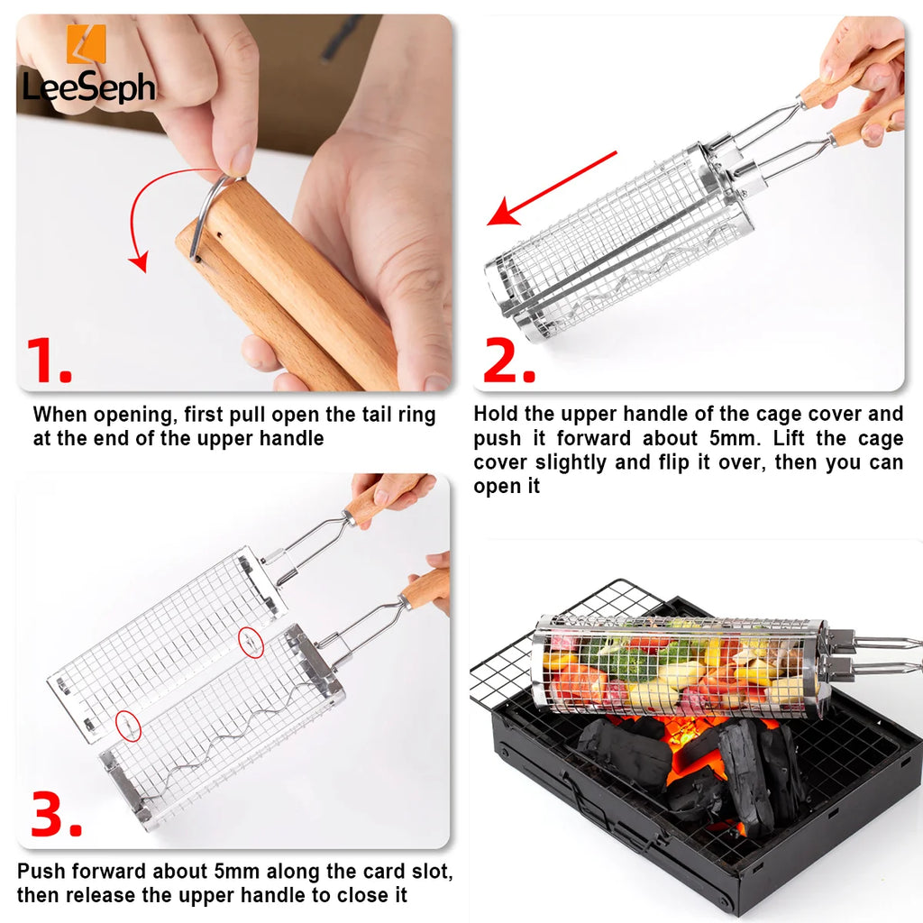 Rolling Grilling Basket, Portable Stainless Steel Grill Baskets  for Fish, Shrimp, Meat, Vegetables, Fries, BBQ Grill Accessory