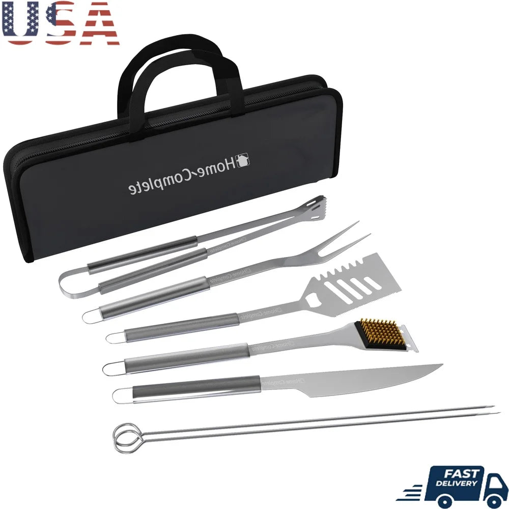 7-Piece BBQ Grill Tool Kit Stainless Steel Utensils Set with Spatula Tongs Fork Knife Brush Skewers and Storage Case