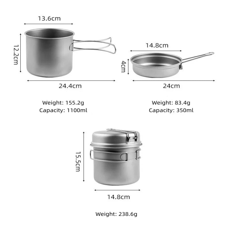Titanium Camping Cookware Set with Folding Handles, Lightweight Portable Pot and Pan Set for Outdoor Hiking Backpacking Picnic