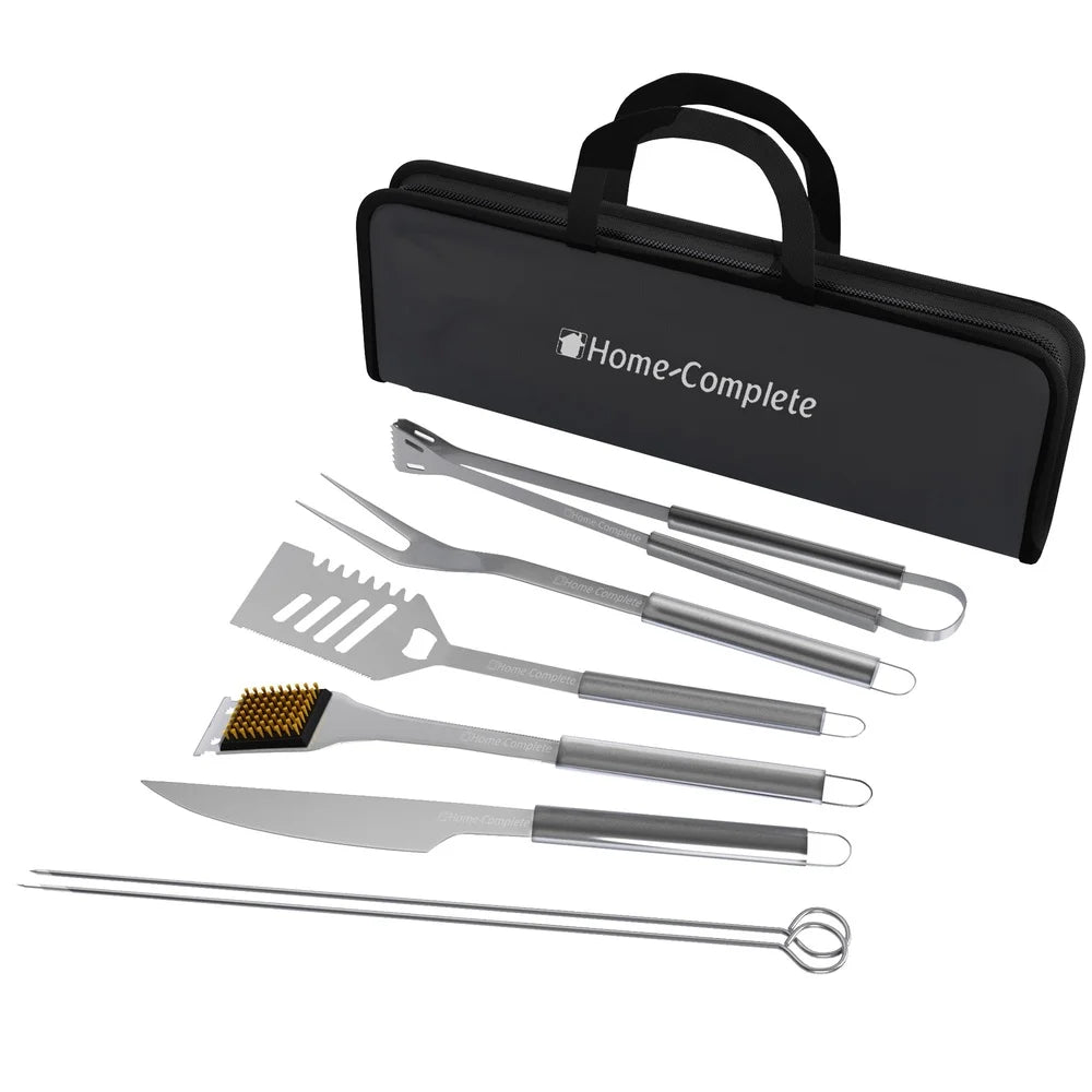 7-Piece BBQ Grill Tool Kit Stainless Steel Utensils Set with Spatula Tongs Fork Knife Brush Skewers and Storage Case