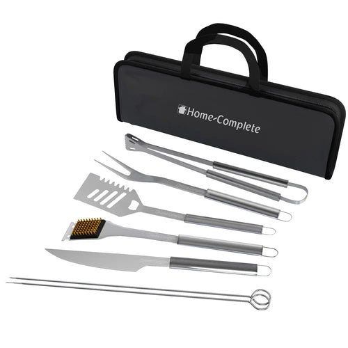 7-Piece BBQ Grill Tool Kit Stainless Steel Utensils Set with Spatula Tongs Fork Knife Brush Skewers and Storage Case